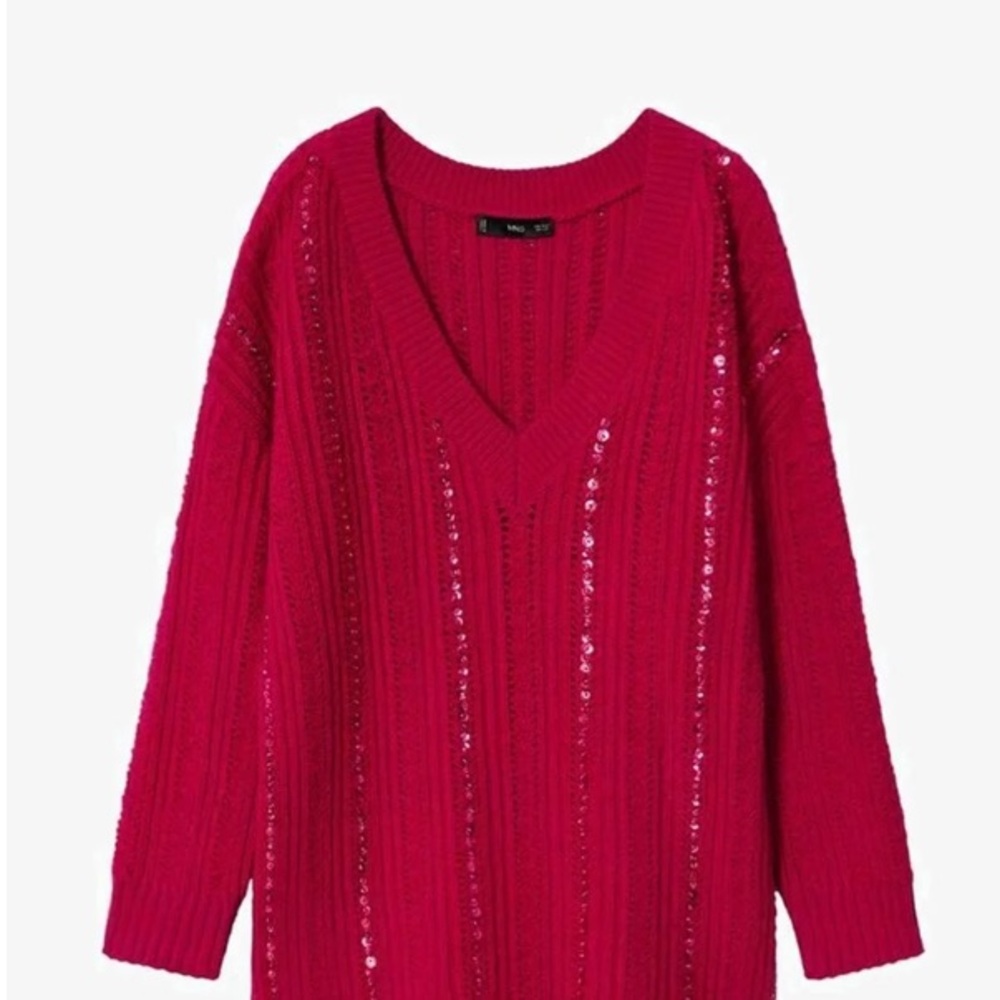 MANGO | Fuchsia Sequin V Neck Oversized Knit Sweater XS Statement Barbiecore